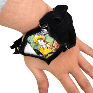 14K Gold Plated Porcelain Broken Wrapped Black Leather Weaved Bracelet Cuff